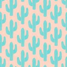Seamless Pattern With Cactus In Blue On Pink Background.