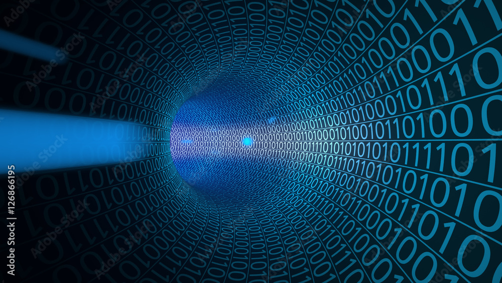 Particles moving through abstract blue tunnel made with zeros and ones ...