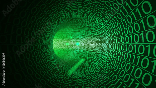 Plakat Cząstki latające przez streszczenie zielony tunel wykonane z zer i jedynek. Komputery, transfer danych, koncepcje technologii cyfrowych. Renderowania 3D