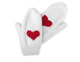 Warm mittens on white background