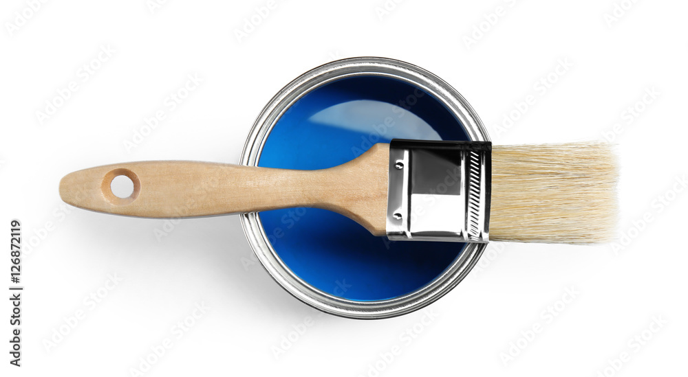 Paint and brush on white background, top view