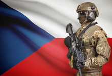 Soldier In Helmet Holding Machine Gun With Flag On Background Series - Czech Republic