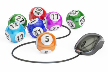 Bingo concept, balls with computer mouse, 3D rendering