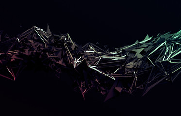 Poster - Abstract 3d rendering of chaotic surface. Contemporary background with futuristic polygonal shape. Distorted low poly object with sharp lines.