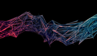 Poster - Abstract 3d rendering of chaotic plexus surface. Contemporary background with futuristic polygonal shape. Distorted low poly object with sharp lines.