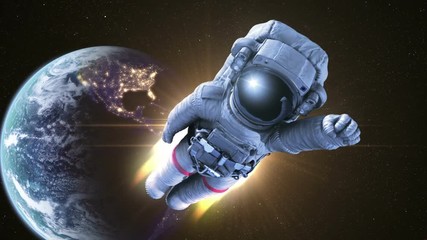 Wall Mural - escape from earth, astronaut flies into space. conceptual 3d animation, full hd 1080