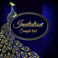 Blue Wedding Invitation Or Card With A Peacock On Abstract Background. Islam, Arabic, Indian, Dubai Decoration With Pattern