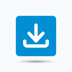 Fototapete - Download icon. Load internet data symbol. Blue square button with flat web icon. Vector