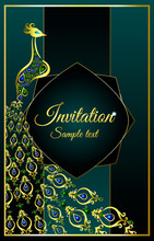 Wedding Invitation Or Card With A Peacock Jeweled On Abstract Background. Islam, Arabic, Indian, Dubai Decoration With Pattern