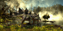 Stegosaurus In Swamp - Stegosaurus Dinosaurs Come Down To A Marsh For A Drink Of Water In The Jurassic Period Of North America.