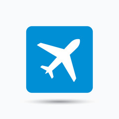 Fototapete - Plane icon. Flight transport symbol. Blue square button with flat web icon. Vector