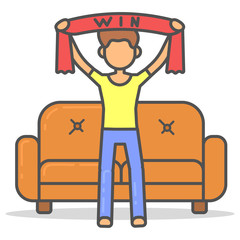 Wall Mural - Man stand with banner next to the couch in room flat style. Vector character near sofa line illustration.