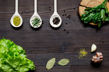 Wall Mural - spices and fresh salad on dark wooden table top view