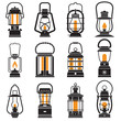 Vintage lantern set isolated on white background. Different oil lamp collection. Modern and retro lanterns flat vector illustration. Various handle gas lamps and camping lanterns silhouettes.