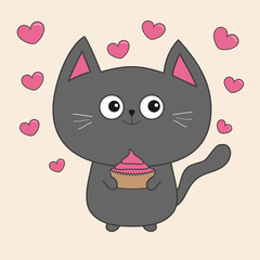 Wall Mural - Gray contour cat holding pink cupcacke. Flying heart set. Cute cartoon character. Kawaii animal Pet collection. Flat design.