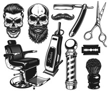 Set Of Vintage Monochrome Barber Tools And Elements. Isolated On White