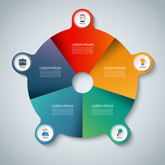 Vector infographic elements. Circle business template with 5 options, parts, steps or segments. Can be used for diagram, graph, presentation, chart, report, data visualization, web design