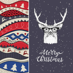 Wall Mural - Christmas card with deer in winter hat. Christmas hand-drawn ethno pattern, tribal background. Vector illustration