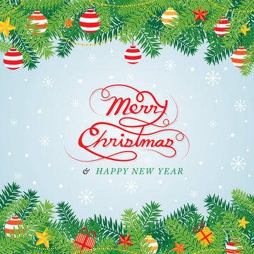 Christmas Pine Leaves Decoration, Border, Holiday Event. Happy New Year