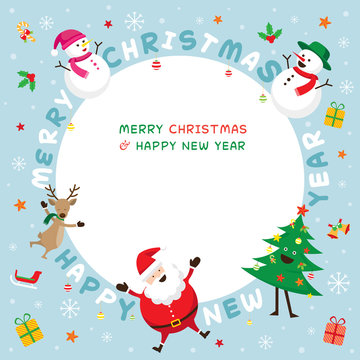 Christmas Frame, Santa Claus and Friends with Lettering, Snowman, Snowgirl, Reindeer, Pine Tree. Happy New Year