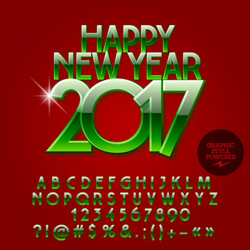 Vector glossy bright Happy New Year 2017 greeting card with set of letters, symbols and numbers. File contains graphic styles