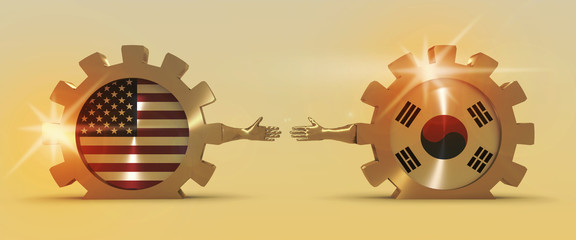 Wall Mural - Web Banner, Header Layout Template. Politic and economic relationship between USA and Korea. National flags on golden cog wheels. 3D rendering