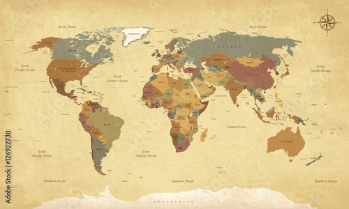 Naklejka - mata magnetyczna na lodówkę Textured vintage world map - English/US Labels - Vector CMYK