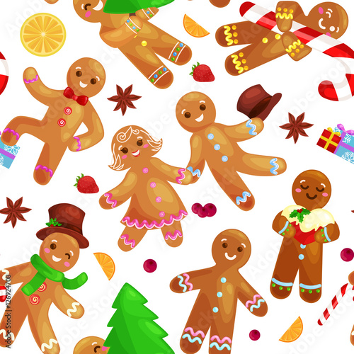 Stoffe zum Nähen Nahtlose Muster Christmas Cookies Lebkuchenmann und Mädchen dekoriert mit Puderzucker, tanzen und Spaß haben in einer Kappe mit dem Weihnachtsbaum und Geschenke, Weihnachten Süßigkeiten Vektor-illustration