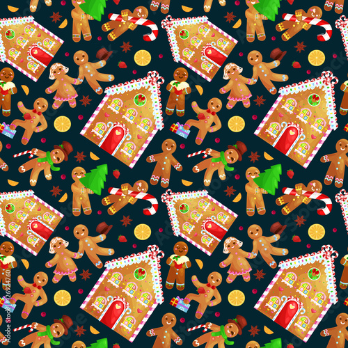 Stoffe zum Nähen nahtlose Muster Christmas Cookies Lebkuchenmann und Mädchen in der Nähe von süßen Haus verziert mit Puderzucker, tanzen und Spaß haben in einer Kappe mit dem Weihnachtsbaum und Geschenke, Weihnachten Süßigkeiten Vektor-illustration