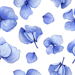 Blue seamless watercolor hydrangea floral pattern. May be used for wedding invitation or greeting card template, fabric print,