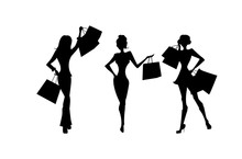 Shopping Sillhouettes Set. Black Sillhouettes Of Women With Shopping Bags On White Background. Elegant, Young And Slim Women.
