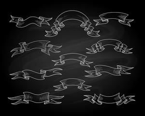 Wall Mural - hand drawn chalk banners. vector chalk ribbons on blackboard