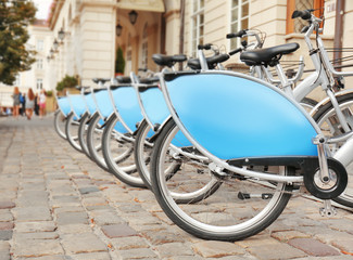 Parking place of bicycles for rent outdoors