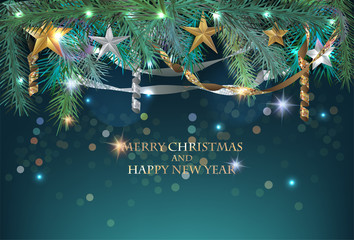 Wall Mural - Christmas and New Year greeting card with christmas tree branches, stars and serpentine