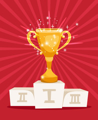 Poster - Golden award prize cup on podium with sparkles. Vector illustration