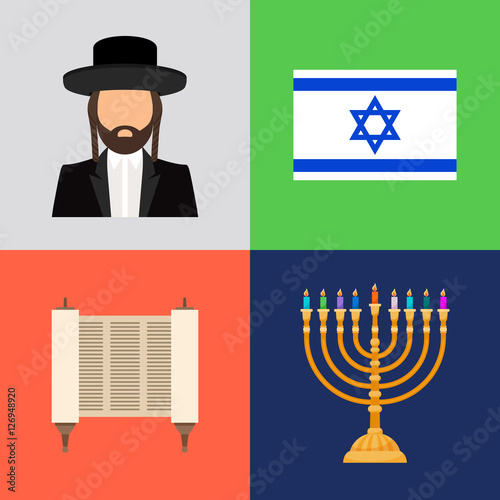 Jewish and judaism symbols. Hope prayer and flag, candles and torah