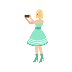 Poster - Girl In Blue Dress Taking Pictures With Photo Camera Illustration