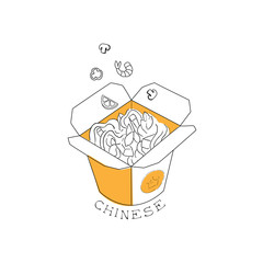 Sticker - Take Away Lunch Box With Noodles Chinese Food And Wok Fast Food Cafe Menu Hand Drawn Illustration