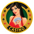 Vector illustration. Beautiful young lady in red dress holding playing cards. Concept design for a casino advertising