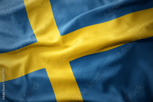 Cuadros en Lienzo waving colorful flag of sweden.