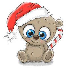 Wall Mural - Cute Cartoon Teddy Bear in a Santa hat