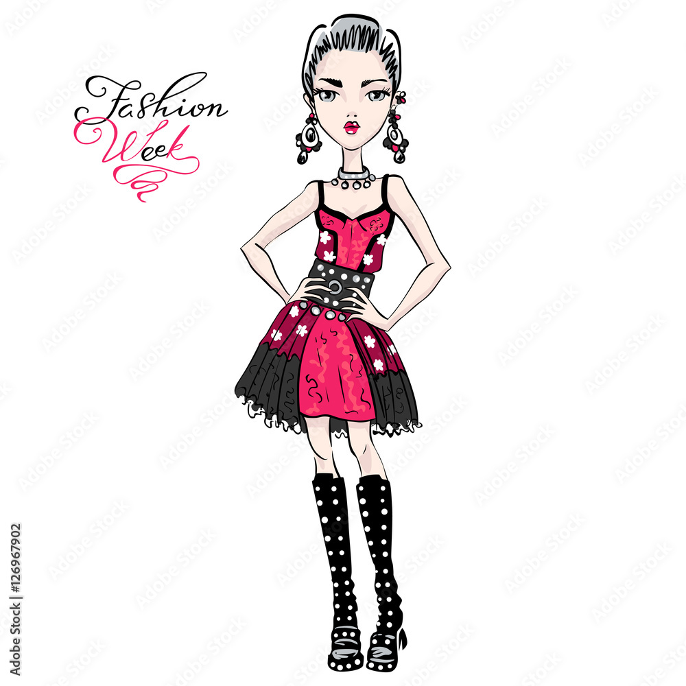 Cute beautiful girl in red and black dress Stock Vector | Adobe Stock