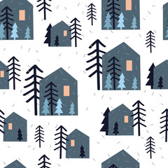 Wall Mural - Cute Seamless pattern with houses, christmas trees and snow on white background. Christmas wrapping paper. Hand drawn Vector illustration. Children texture.