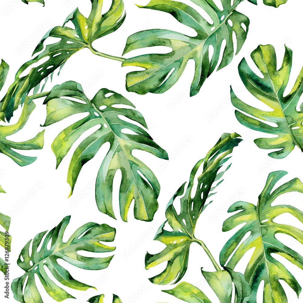 Foto-Plissee zum Schrauben - Seamless watercolor illustration of tropical leaves, dense jungle. Hand painted. Banner with tropic summertime motif may be used as background texture, wrapping paper, textile or wallpaper design.