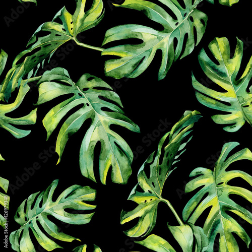 Seamless watercolor illustration of tropical leaves, dense jungle. Hand paint...