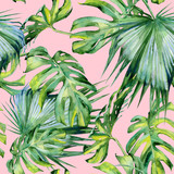 Fototapeta Sypialnia - Seamless watercolor illustration of tropical leaves, dense jungle. Hand painted. Banner with tropic summertime motif may be used as background texture, wrapping paper, textile or wallpaper design.