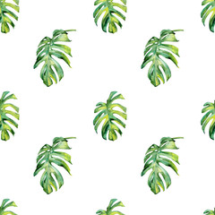 Wall Mural - Seamless watercolor illustration of tropical leaves, dense jungle. Hand painted. Banner with tropic summertime motif may be used as background texture, wrapping paper, textile or wallpaper design.