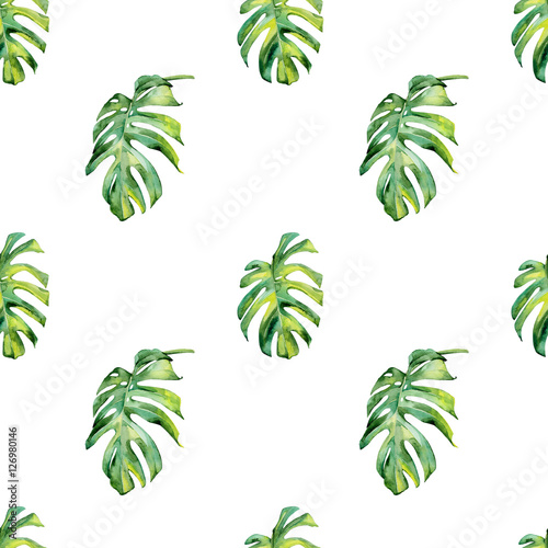 Seamless watercolor illustration of tropical leaves, dense jungle. Hand paint...