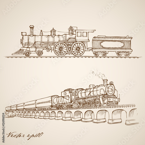 Fotomural Engraving hand vector Railway transport train