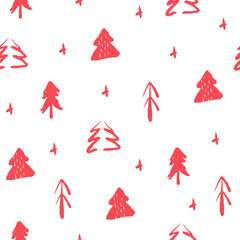 Seamless pattern with hand draw pink trees. Christmas seamless ornament for textile and wrapping. Vector